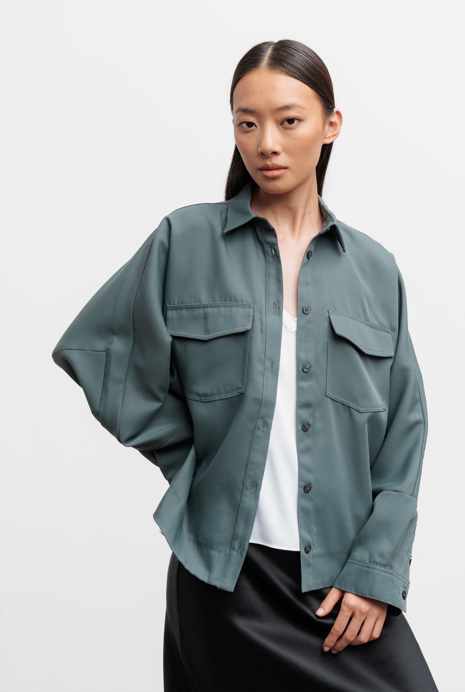 PWA QUILTED PUFFY SHIRT オリーブ Kaia twill over shirt faded green