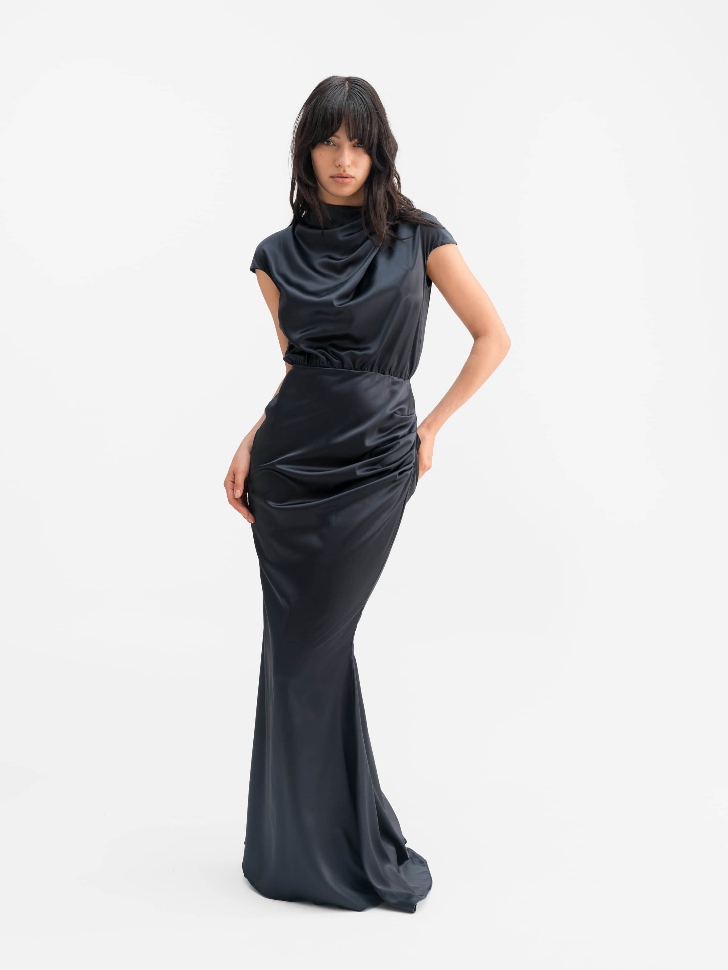 satin dress gallery Faviana style 11051 Ruched Waist Satin Dress With Lace-Up Back Aqua / 6