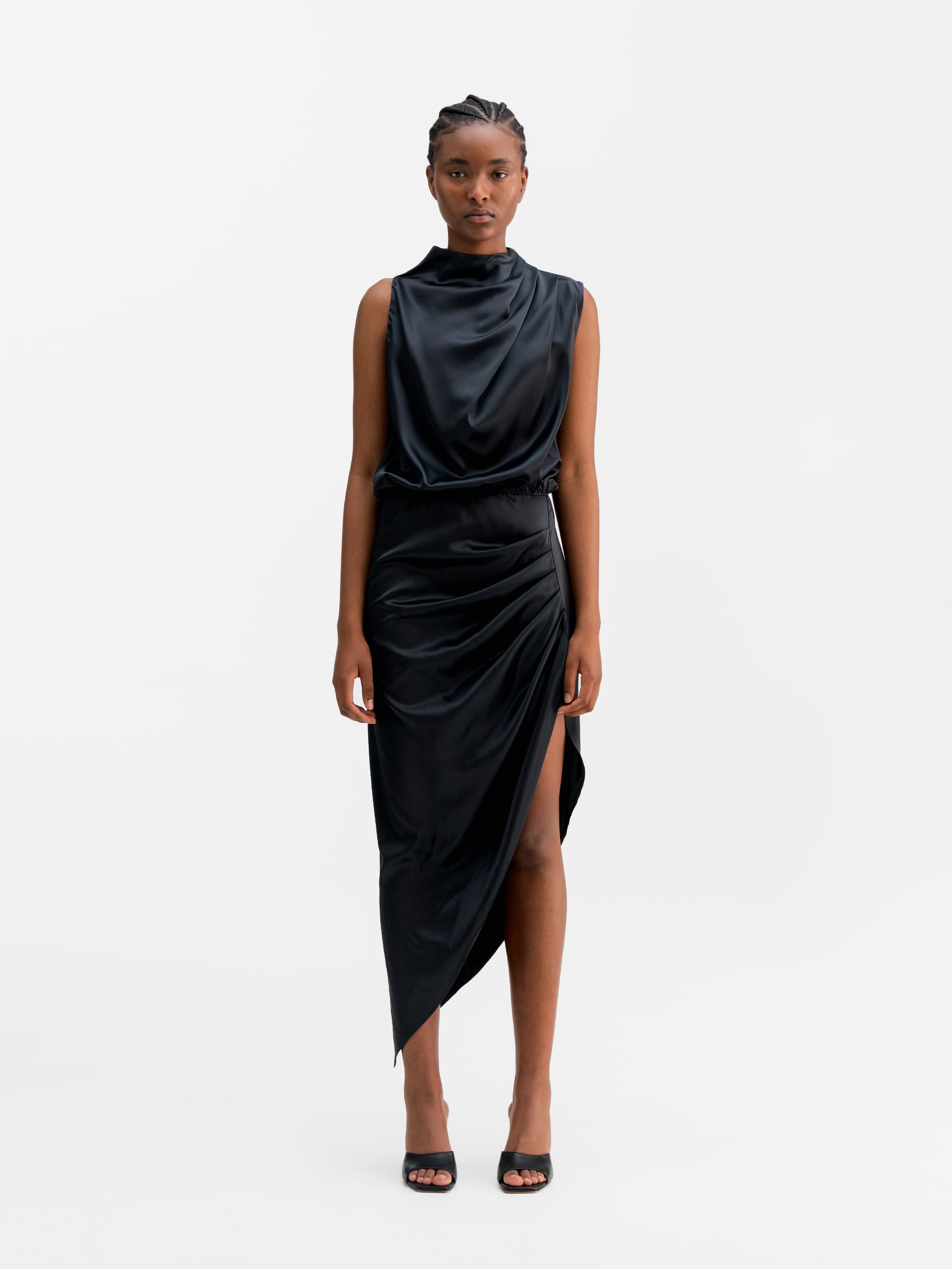 satin dress gallery Jessica Terracotta Satin Faux Wrap Dress