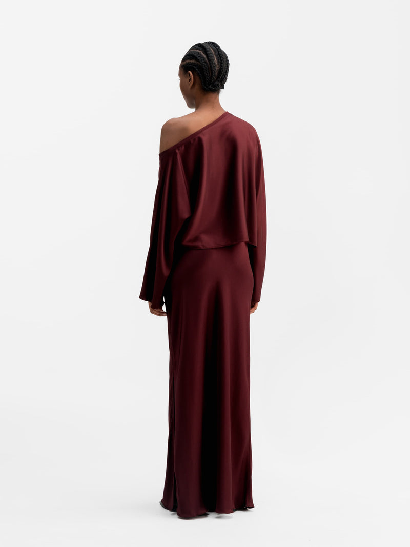 Hana long logo satin skirt burgundy