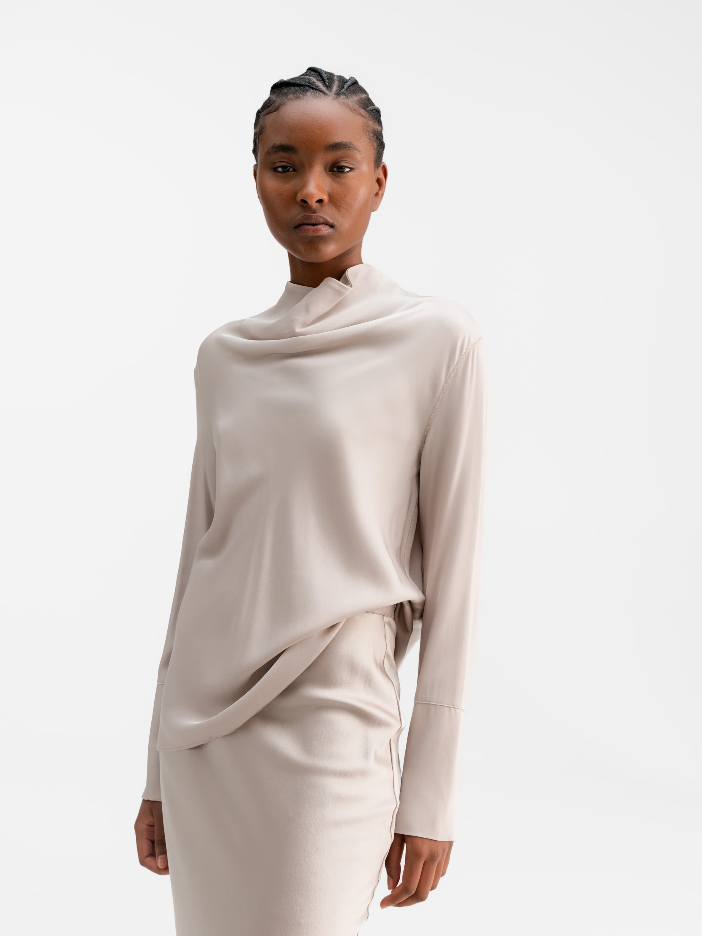 Model wearing Ahlvar Gallery Ayumi silk blouse greige