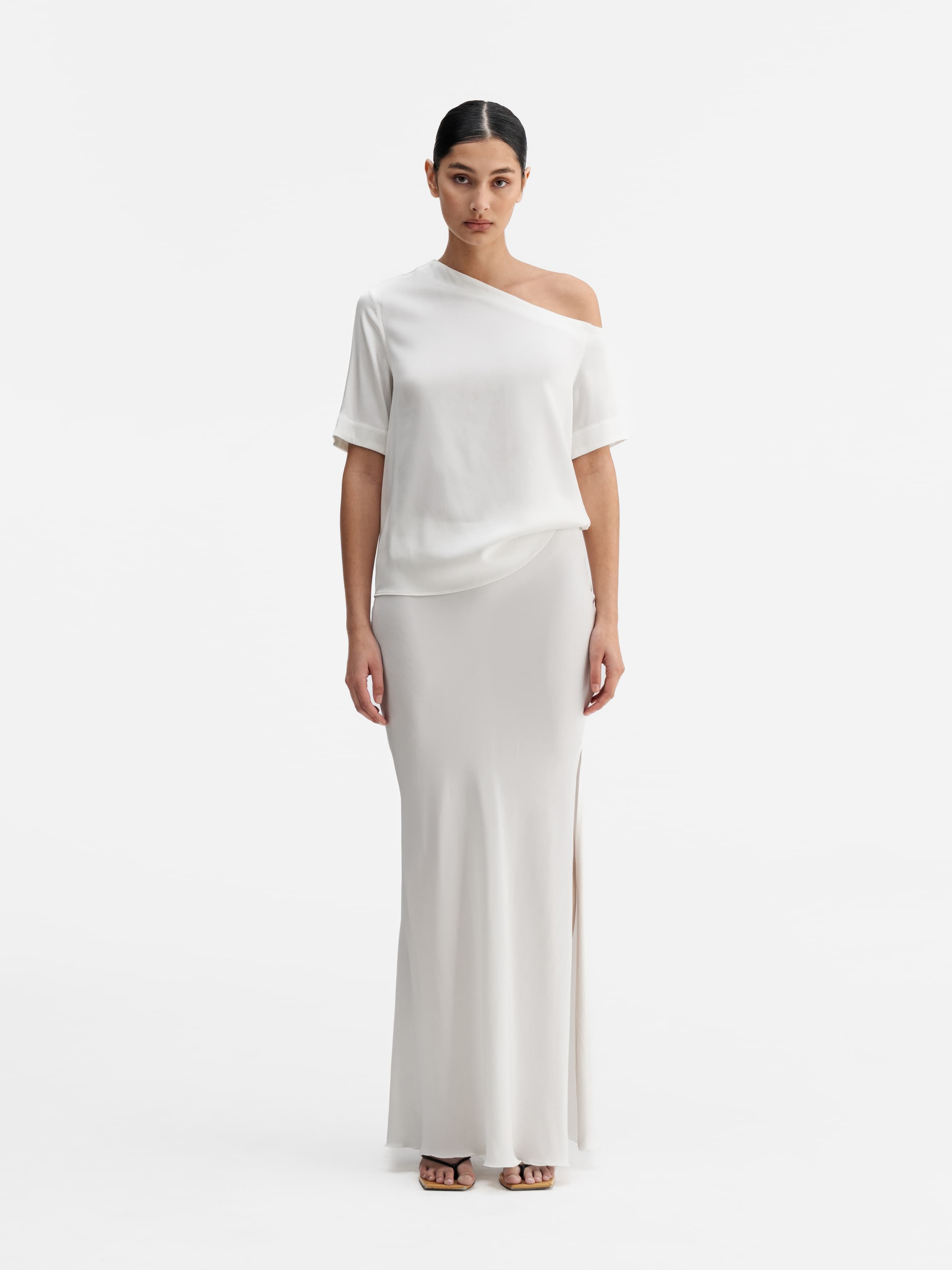 Model wearing Ahlvar Gallery Chima silk blouse white