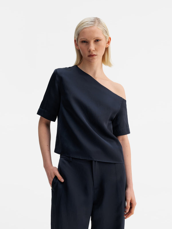 Chima cropped satin linen blouse blue grey