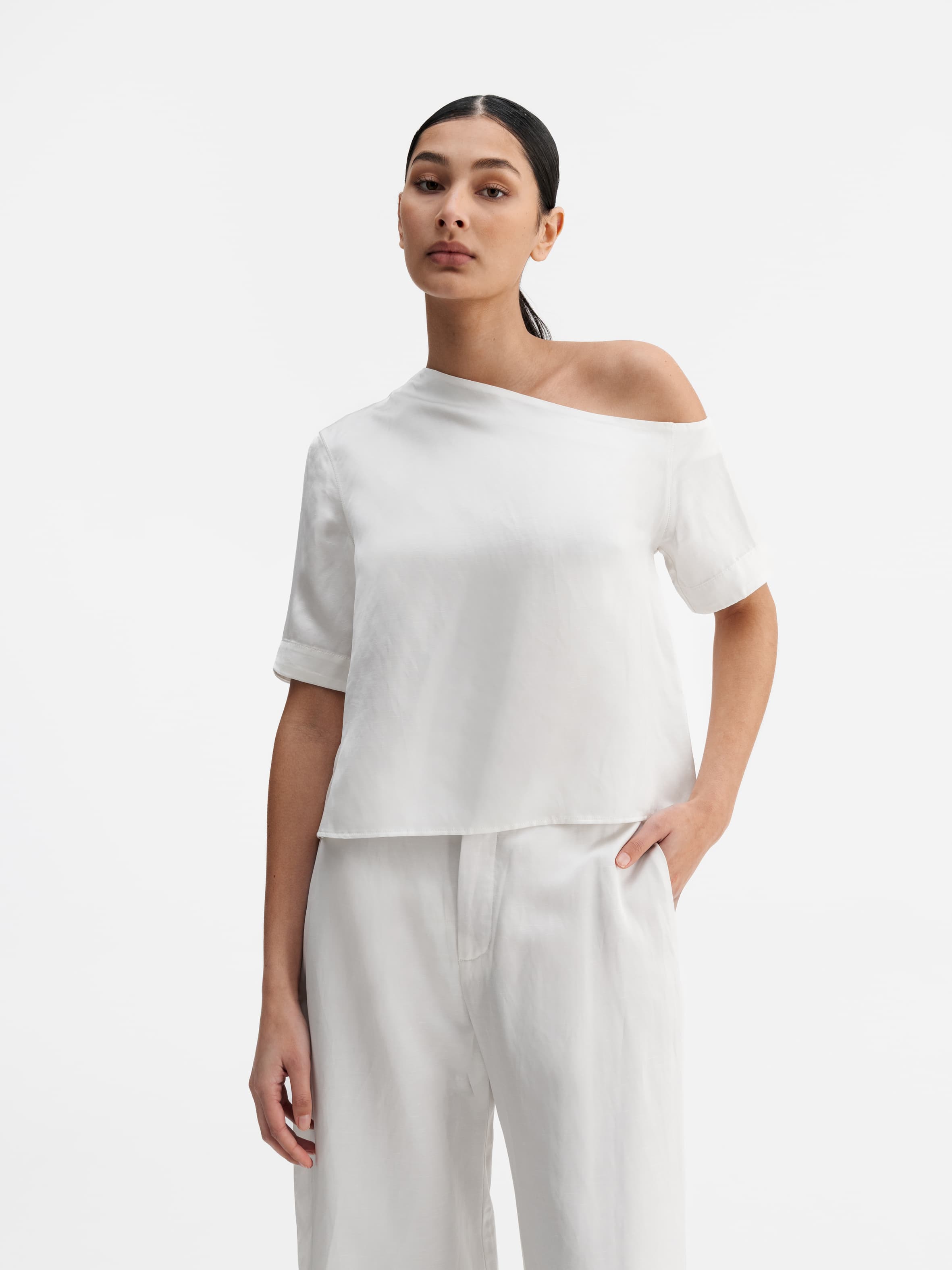 Chima cropped satin linen blouse white