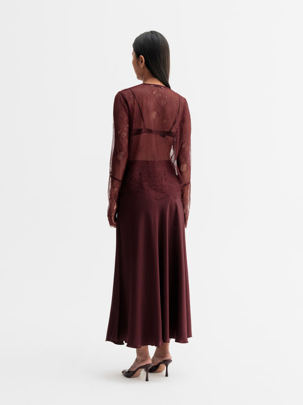 Back view of Ahlvar Gallery Della lace blouse in Burgundy