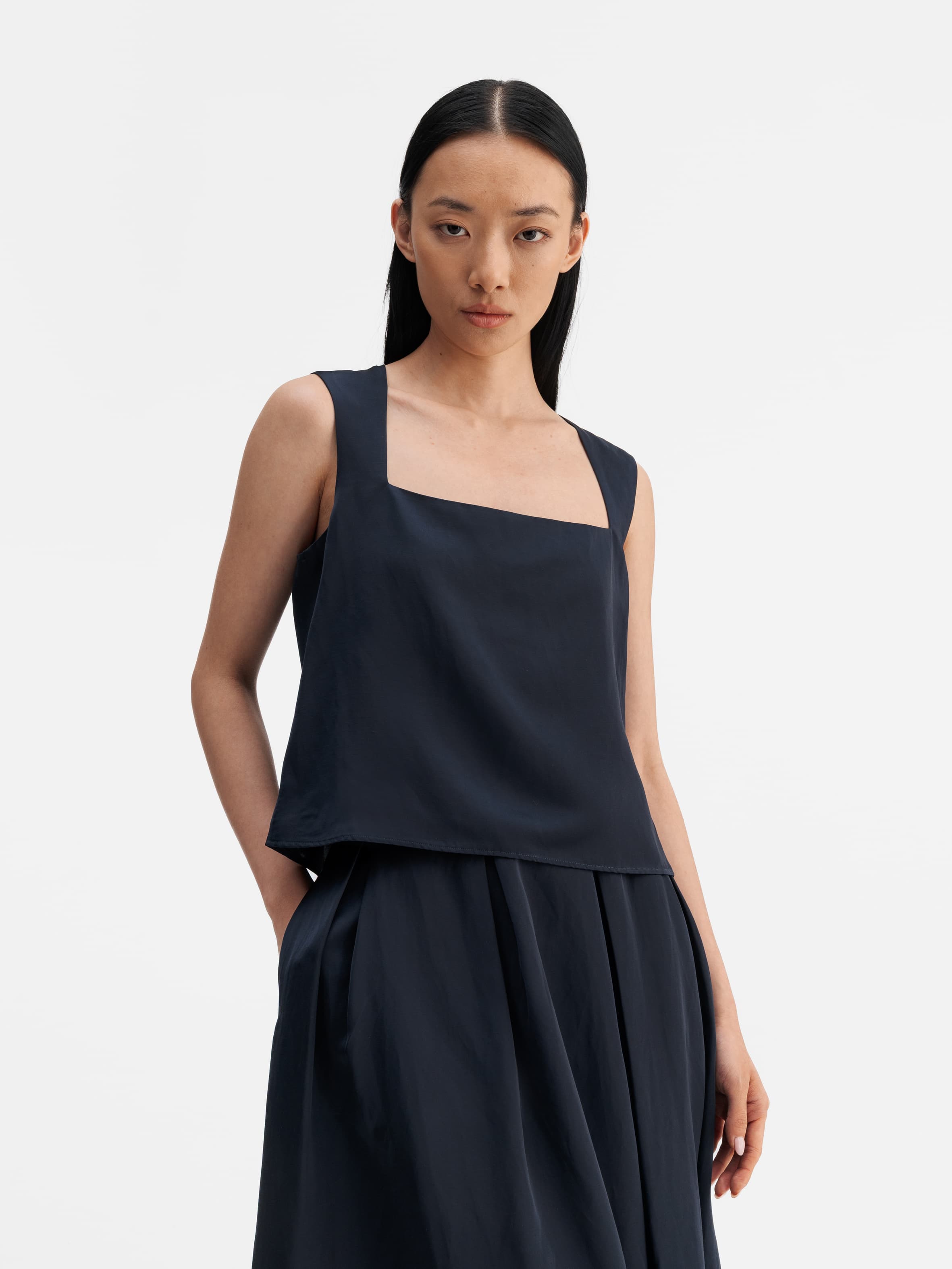 Della satin linen top blue grey