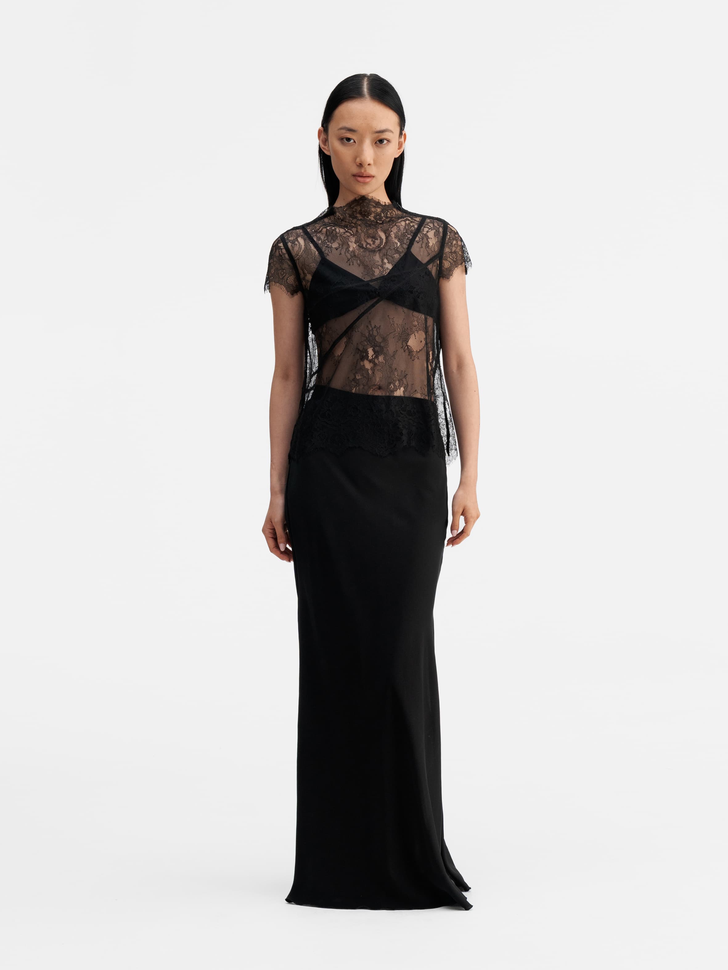 Model wearing Ahlvar Gallery Eden lace top black