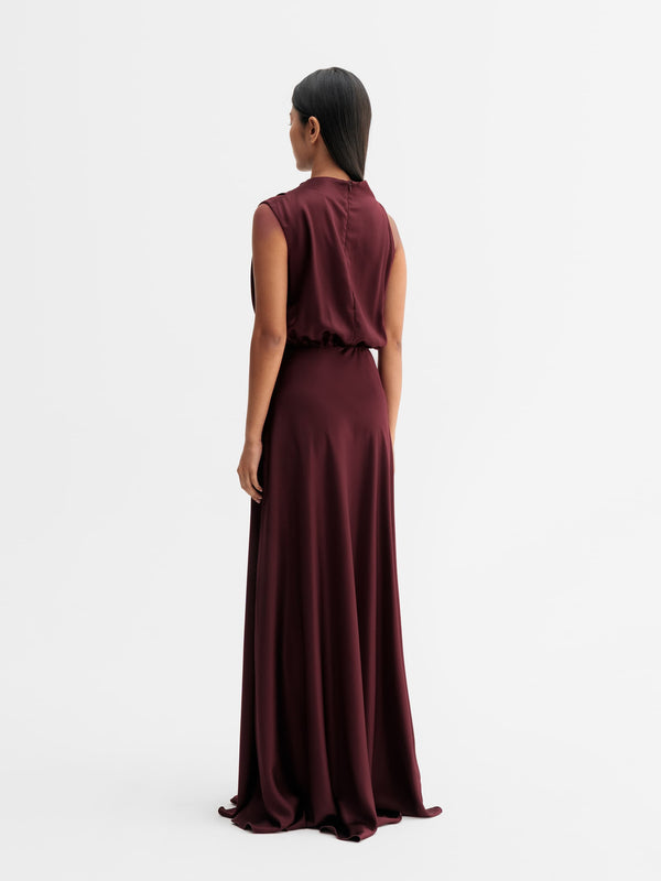 Back view of Ahlvar Gallery Eli satin dress in Burgundy