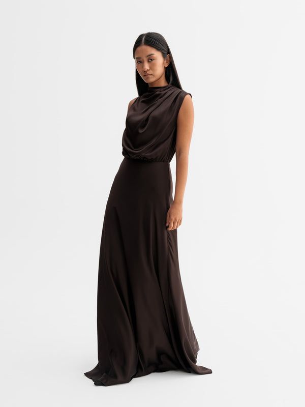Model wearing Ahlvar Gallery Eli satin dress in Dark brown