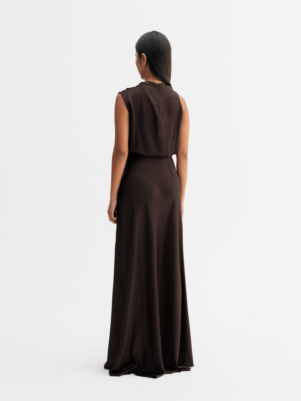 Back view of Ahlvar Gallery Eli satin dress in Dark brown