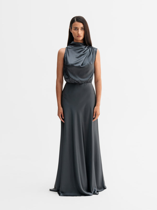 Model wearing Ahlvar Gallery Eli satin dress in Dark grey