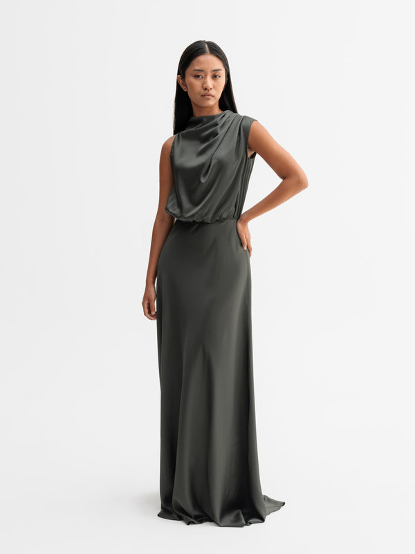 Model wearing Ahlvar Gallery Eli satin dress in Wood
