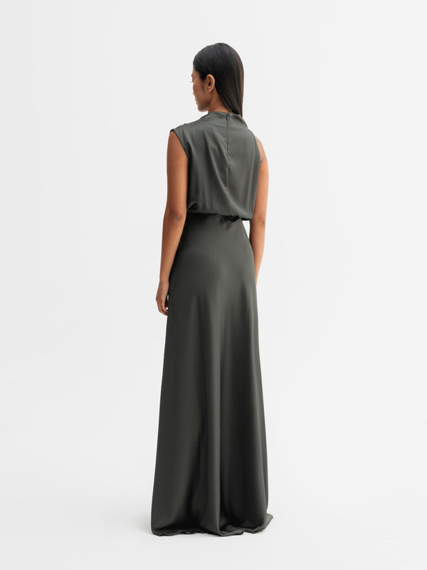 Back view of Ahlvar Gallery Eli satin dress in Wood