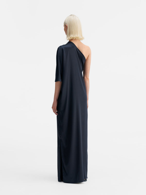 Back view of Ahlvar Gallery Ella satin dress blue grey