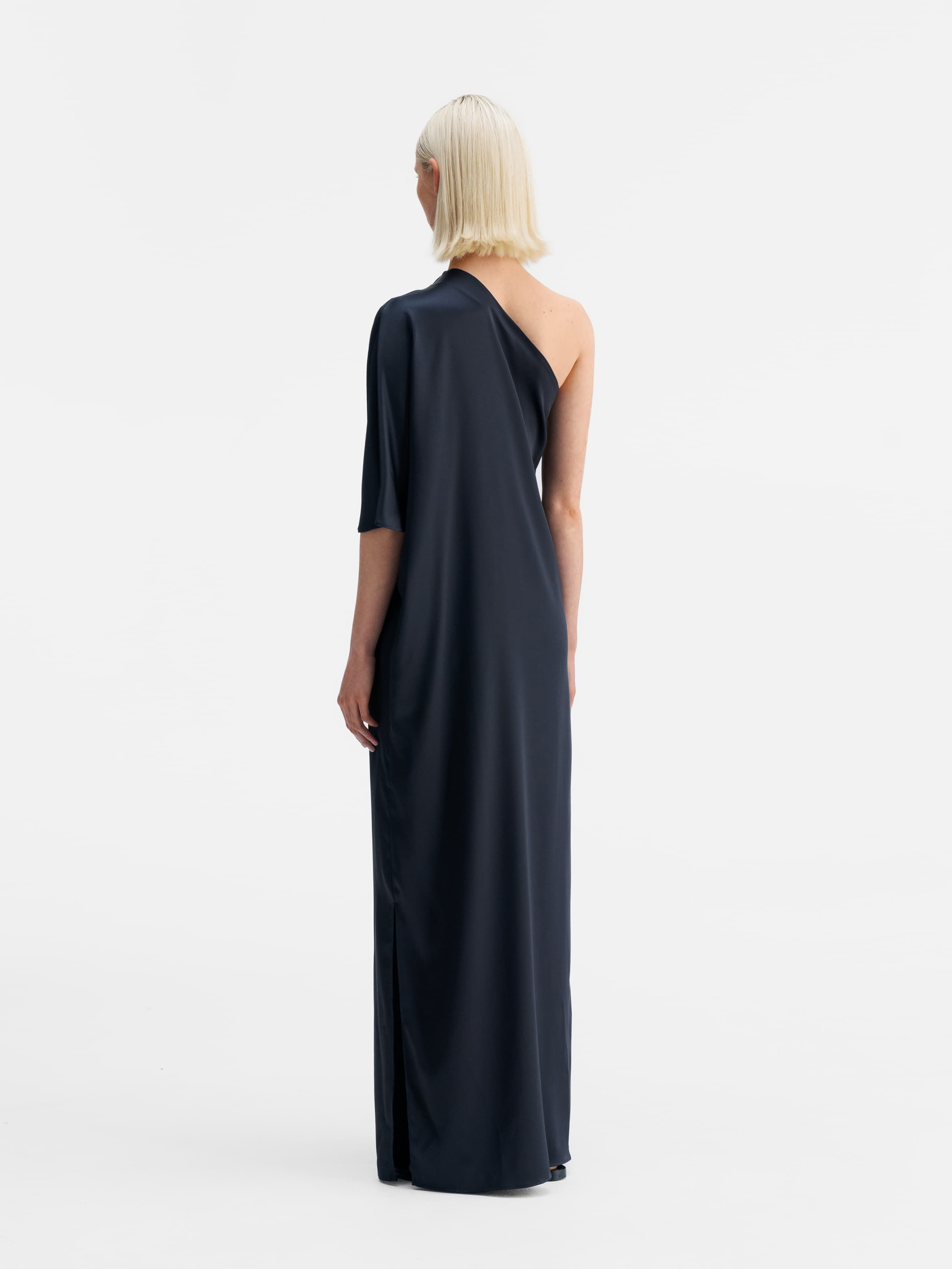 Back view of Ahlvar Gallery Ella satin dress blue grey