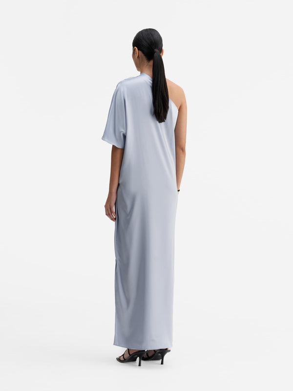 Back view of Ahlvar Gallery Ella satin dress denim blue