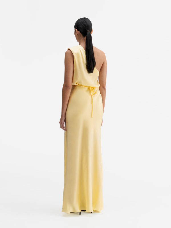 Back view of Ahlvar Gallery Elle satin wrap dress light yellow