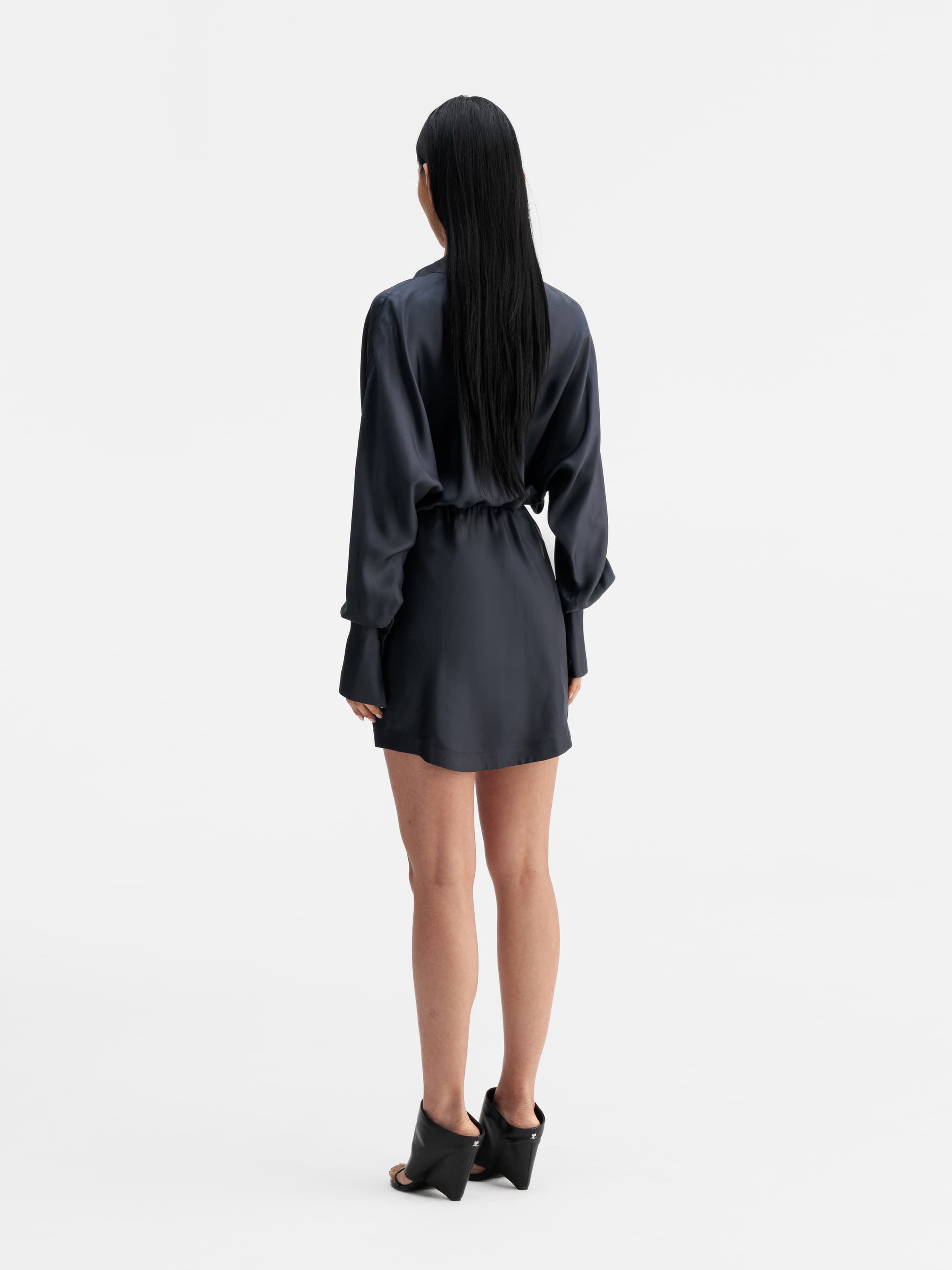 Back view of Ahlvar Gallery Gia silk twill shirt dress blue grey