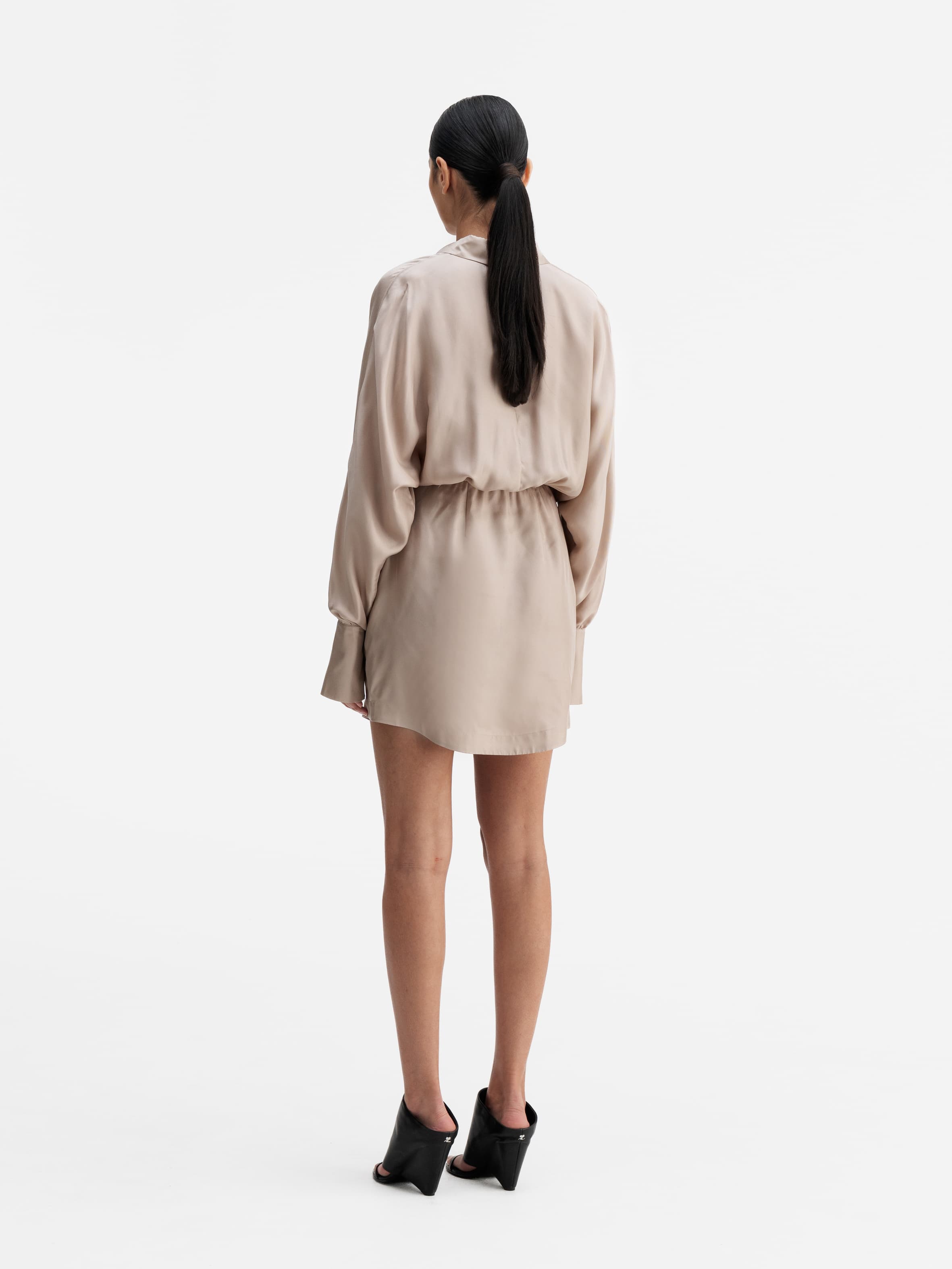 Back view of Ahlvar Gallery Gia silk twill shirt dress greige