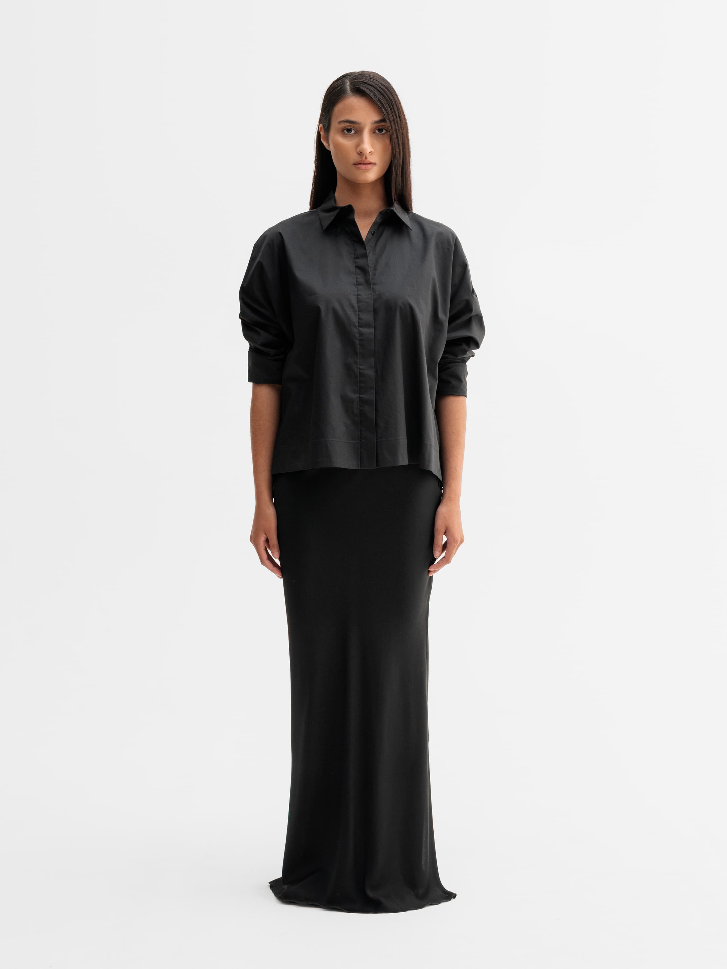 Model wearing Ahlvar Gallery Gigi shirt in Black