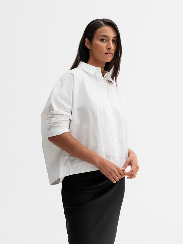 Model wearing Ahlvar Gallery Gigi shirt in White