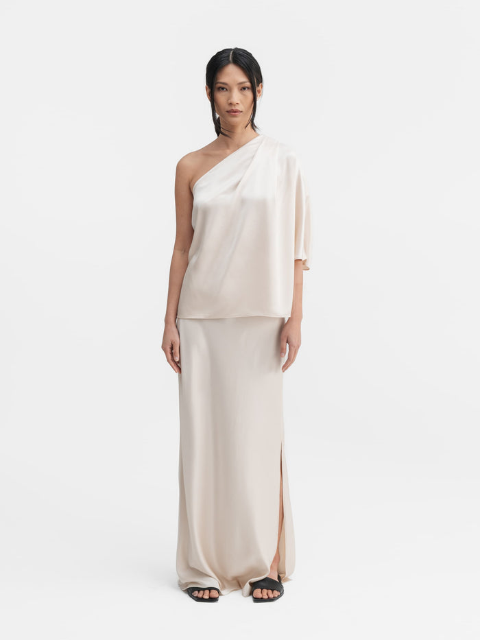 ahlvar Hana long logo satin skirt cream