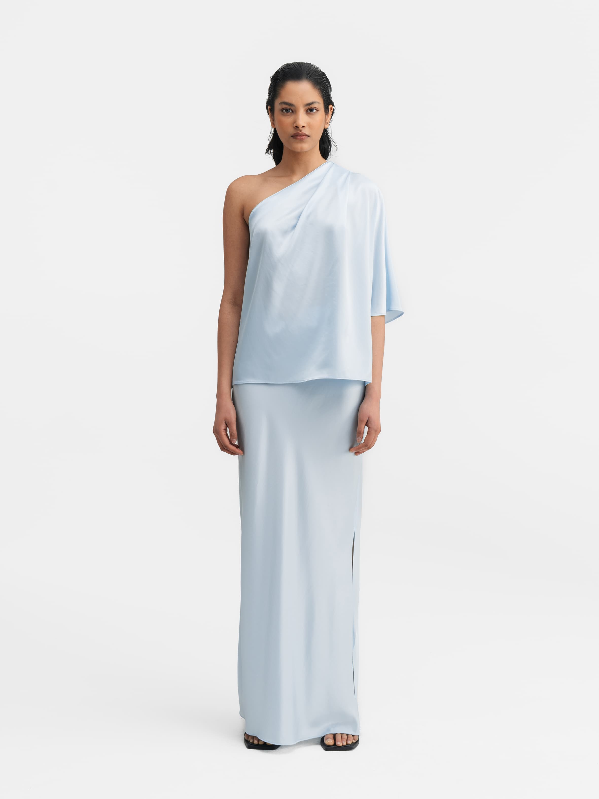 Hana long logo satin skirt sky blue