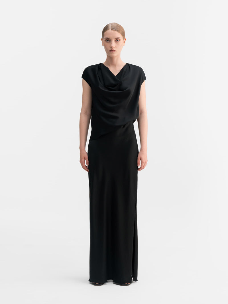 Hana long logo satin skirt black