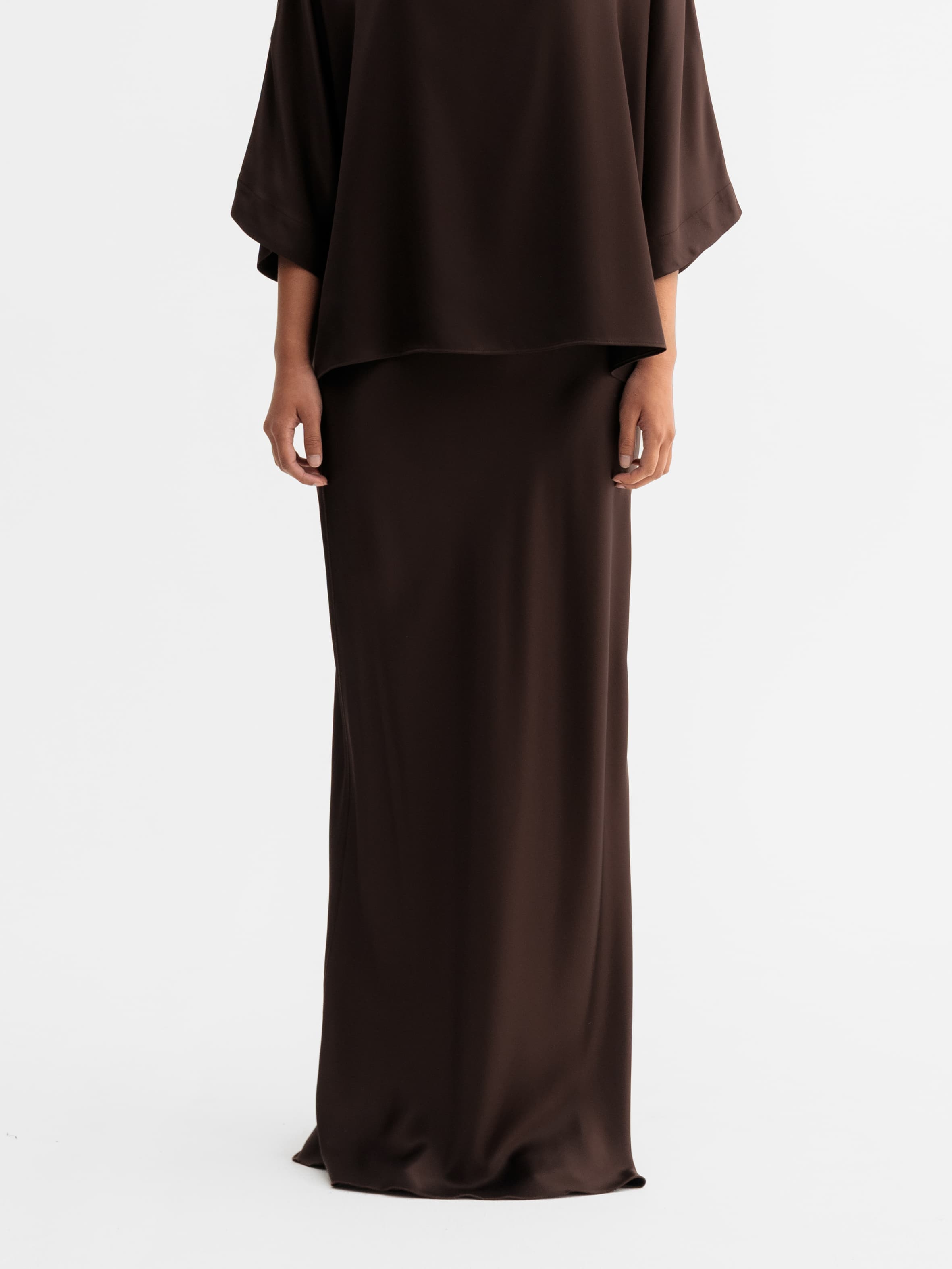 Hana long logo satin skirt dark brown