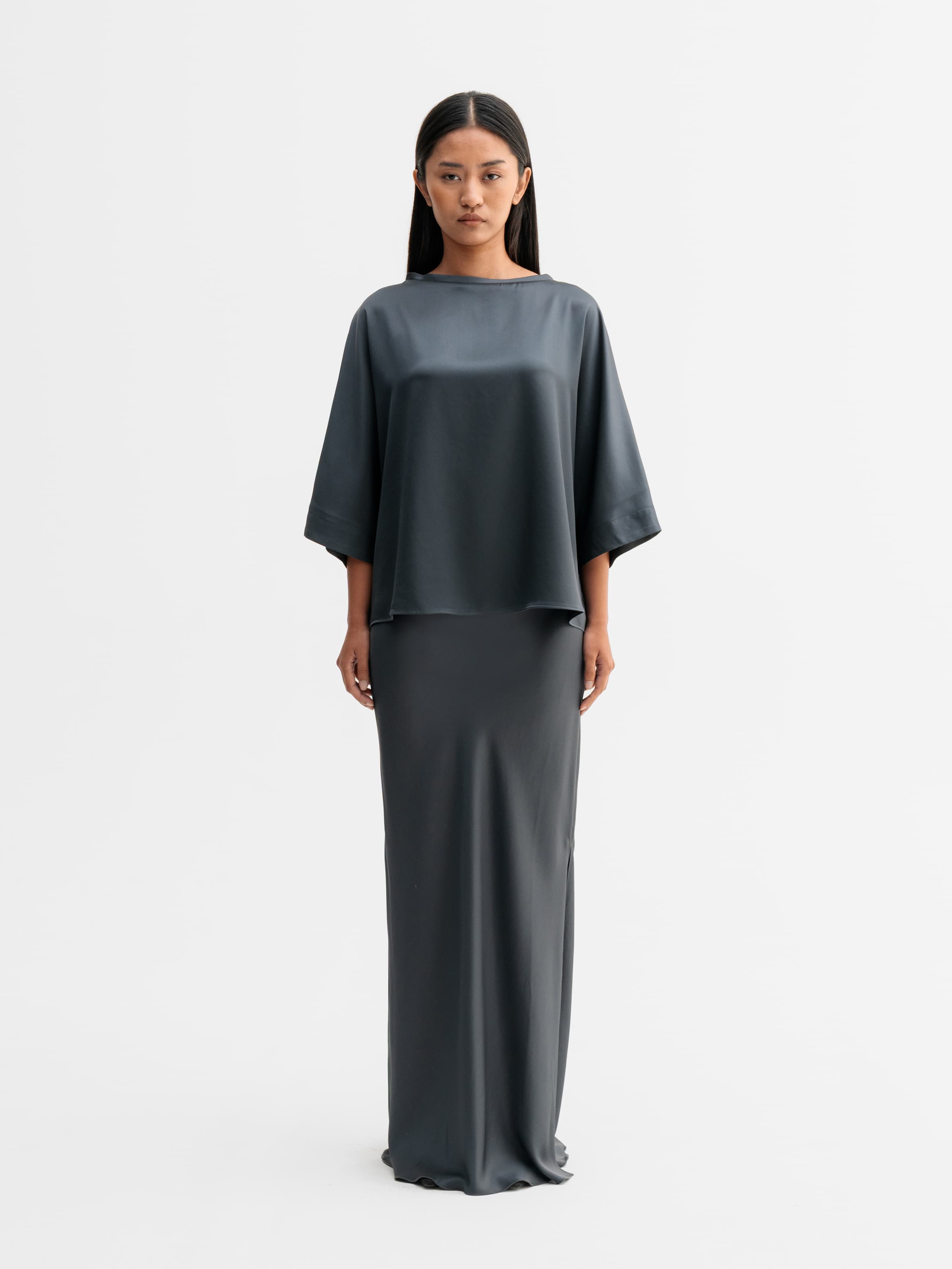Hana long logo satin skirt dark grey