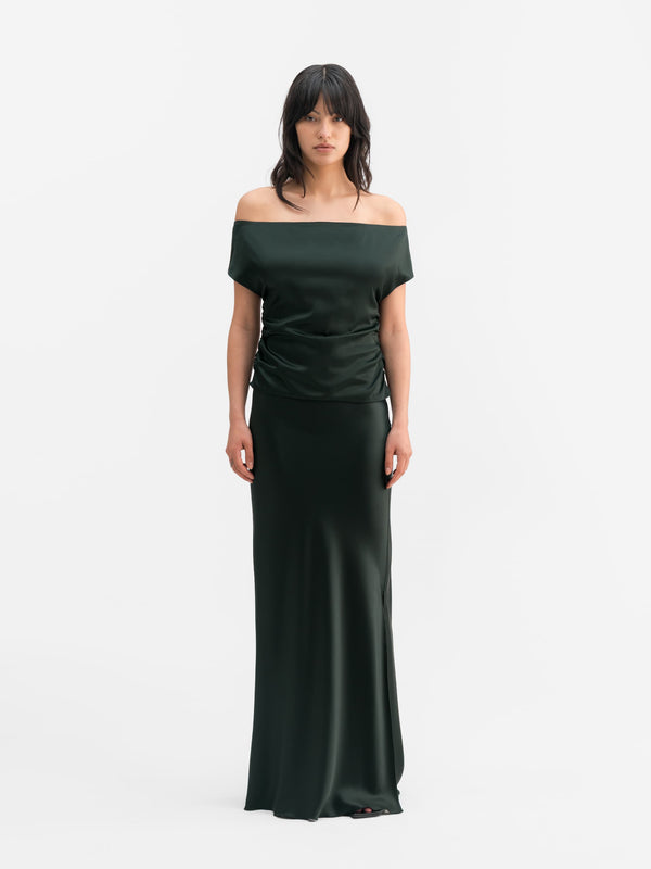 Hana long logo satin skirt deep forest