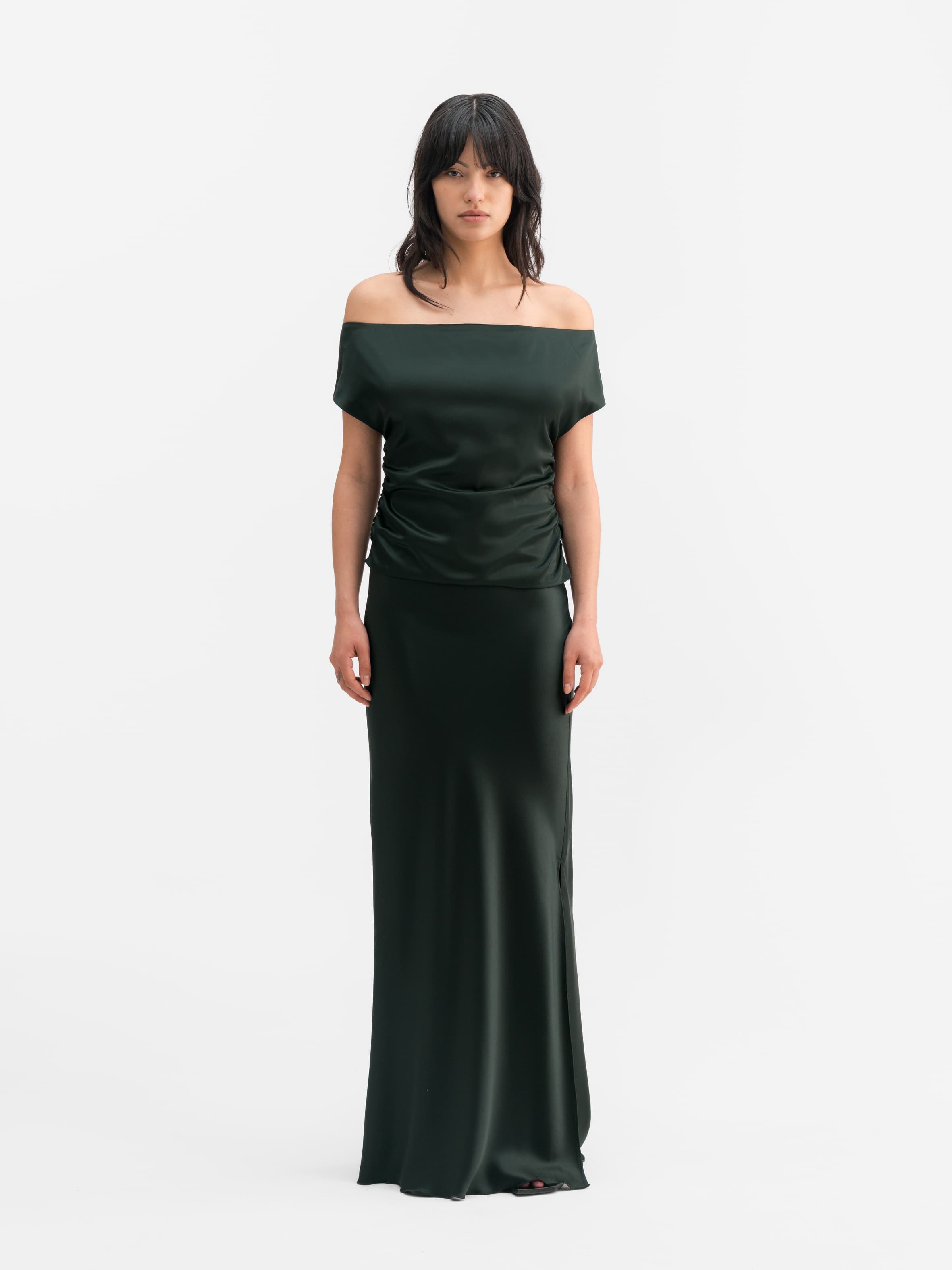 Hana long logo satin skirt deep forest