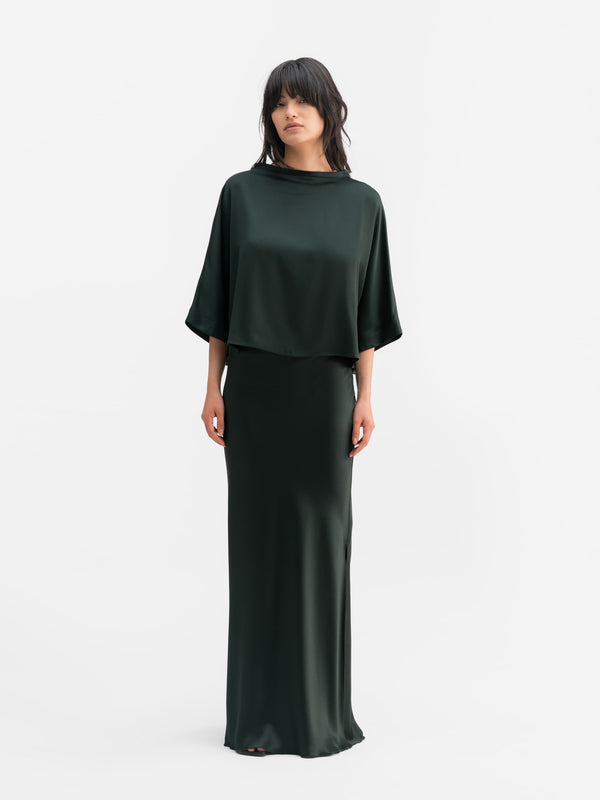 Hana long logo satin skirt deep forest