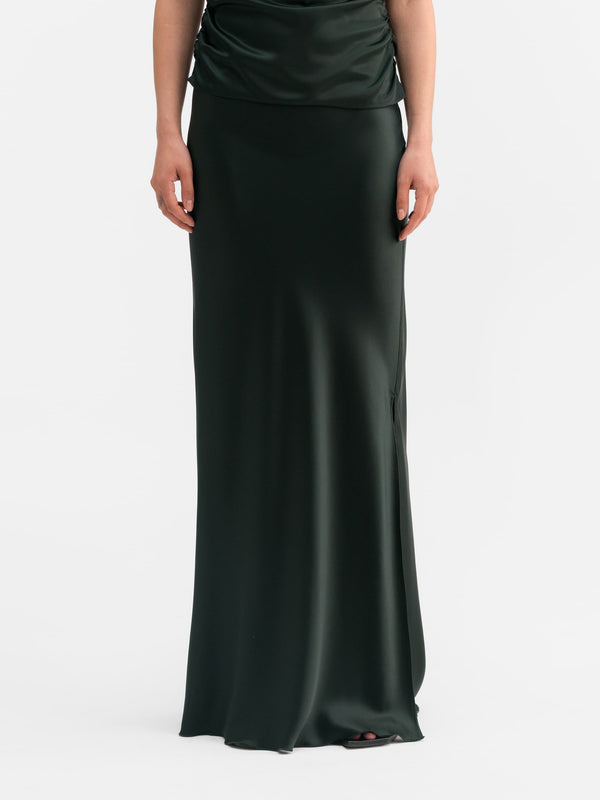 Hana long logo satin skirt deep forest