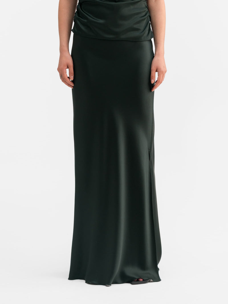 Hana long logo satin skirt deep forest