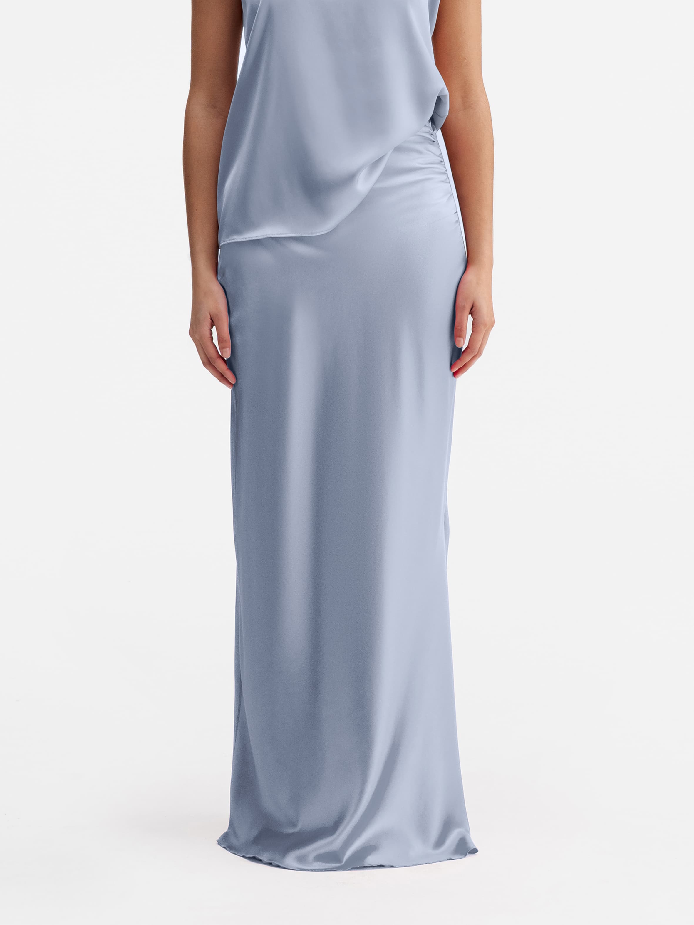 Hana long logo satin skirt denim blue