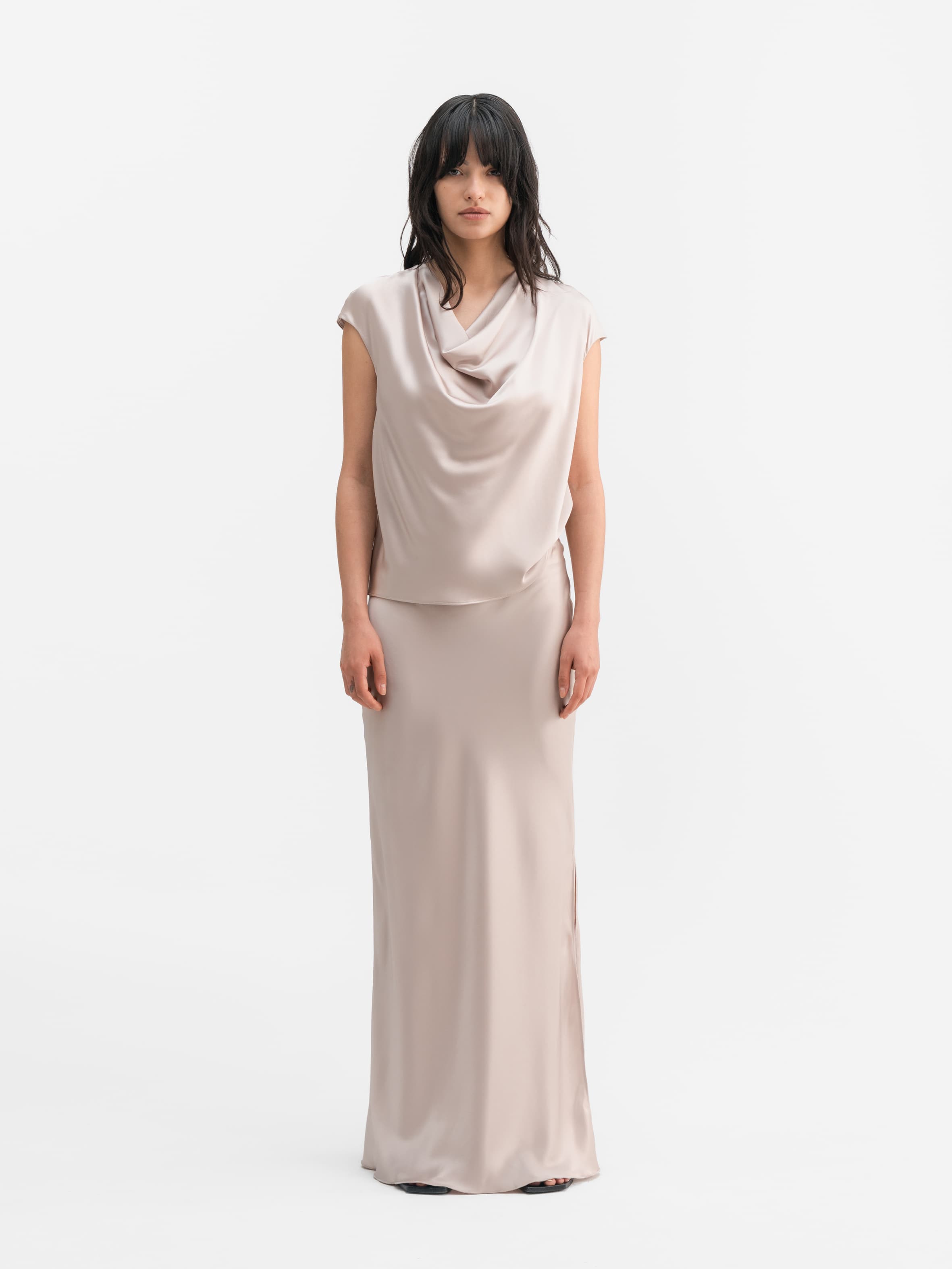 Hana long logo satin skirt greige