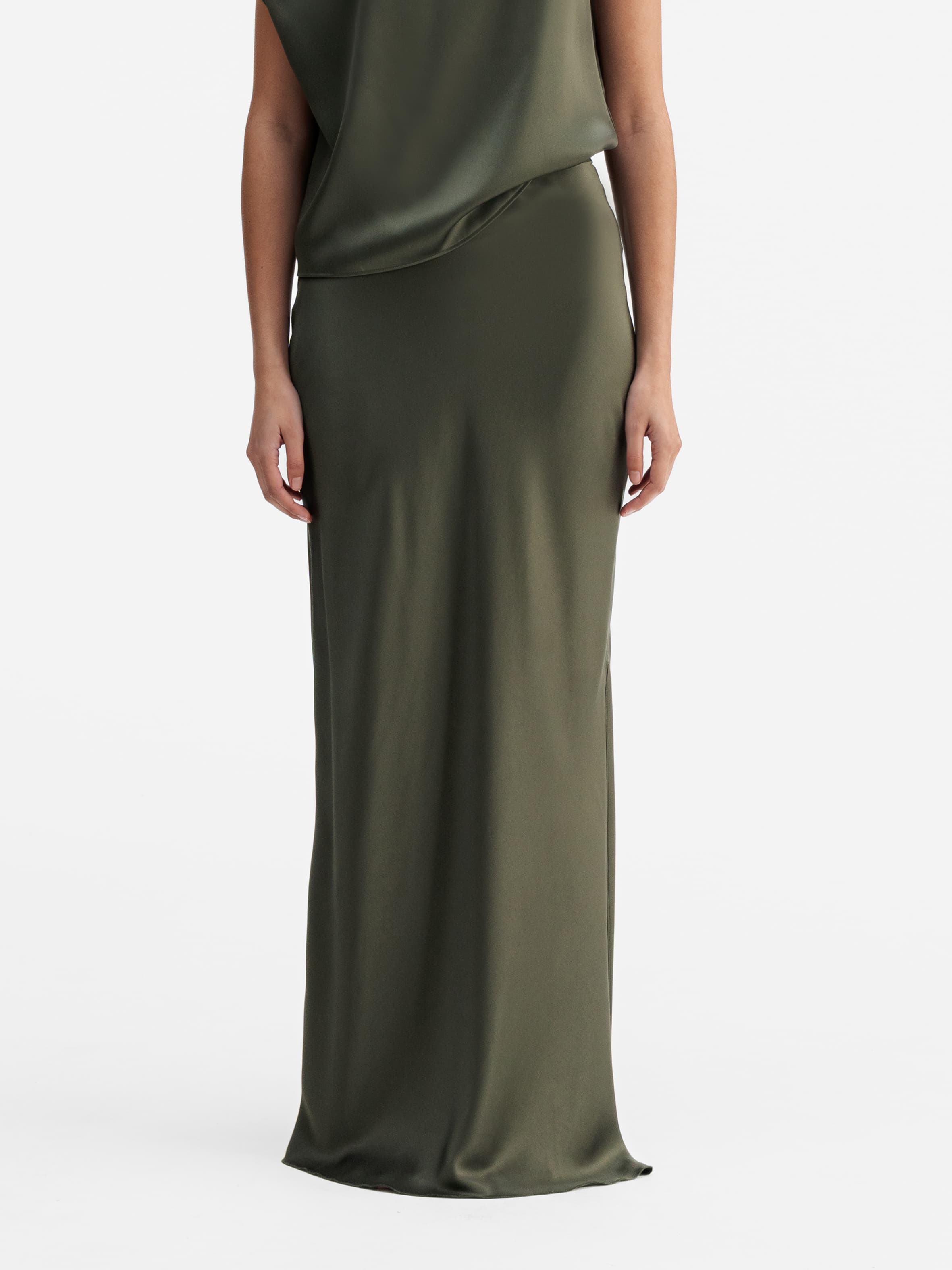 Hana long logo satin skirt olive green