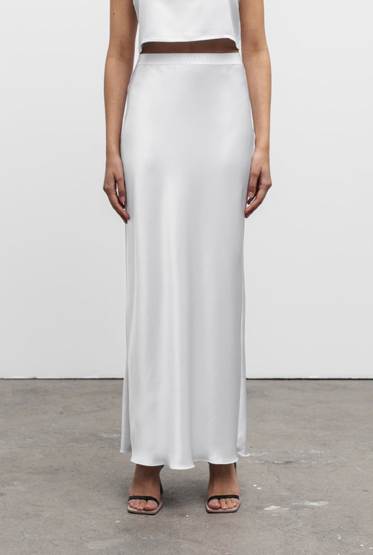 Hana long logo satin skirt optic white