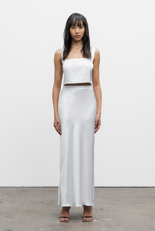 Hana long logo satin skirt optic white