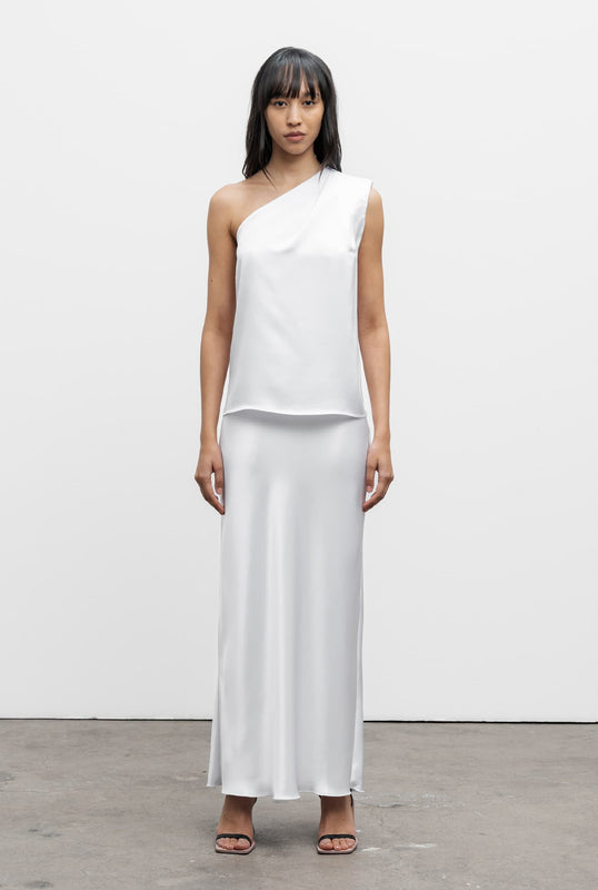 Hana long logo satin skirt optic white