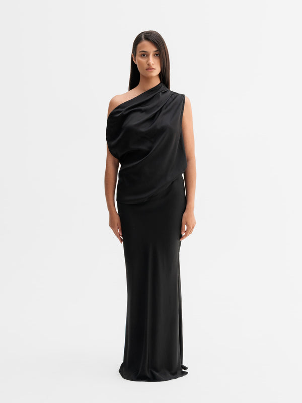Hana long silk skirt black