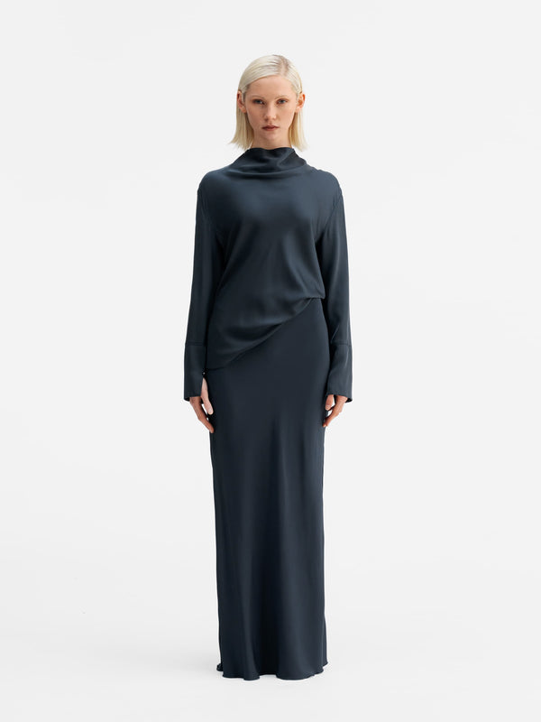 Hana long silk skirt blue grey