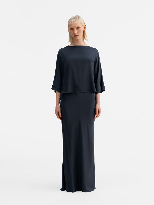 Hana long silk skirt blue grey