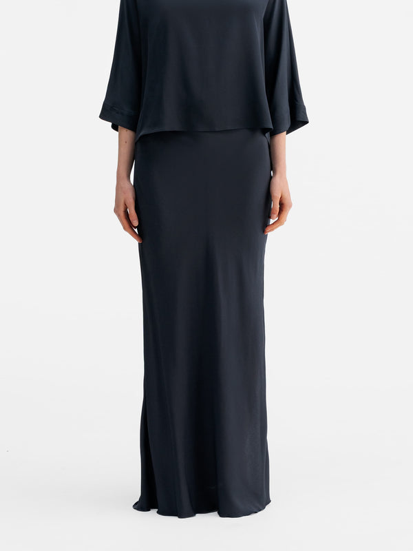 Hana long silk skirt blue grey