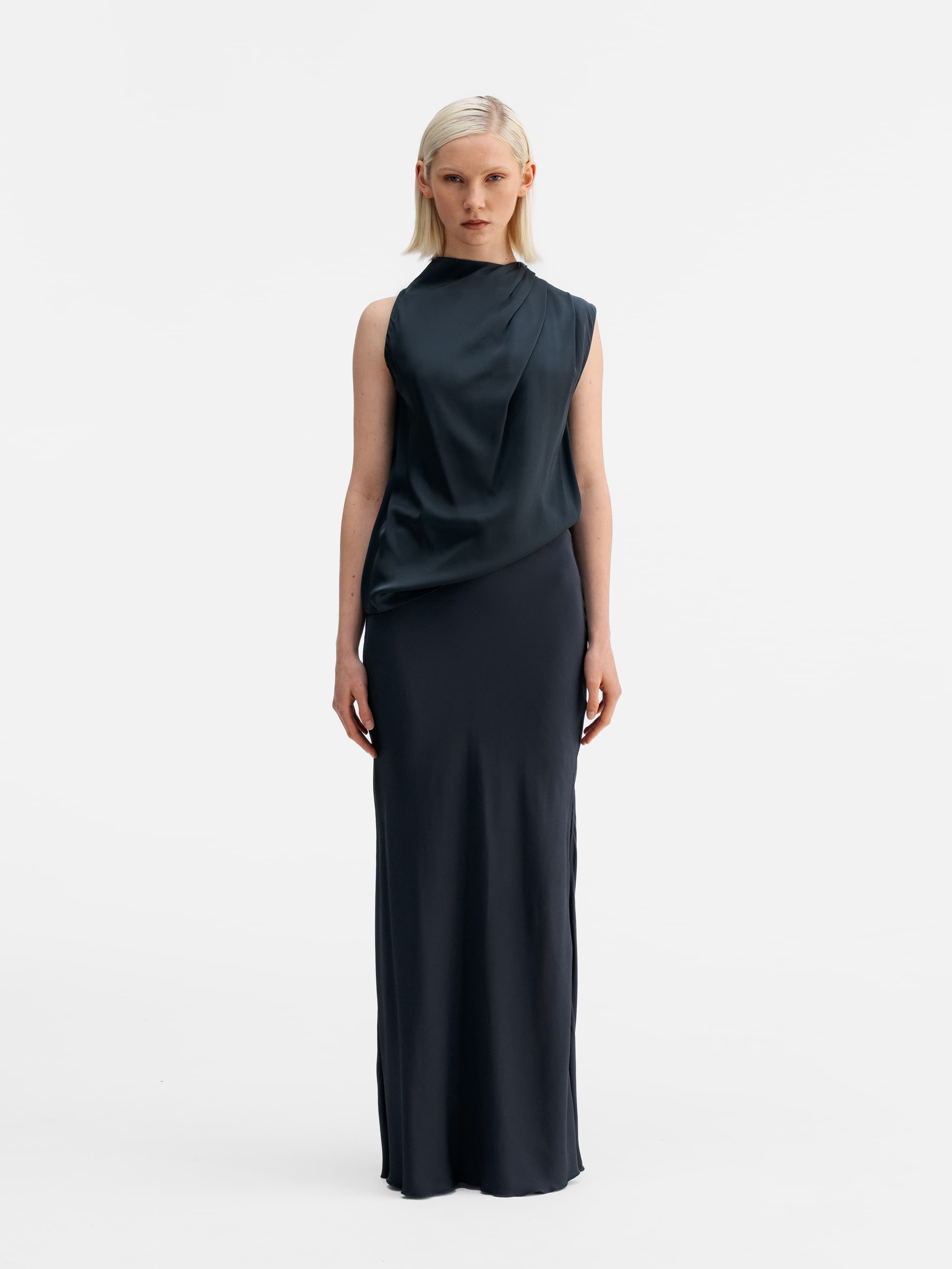 Hana long silk skirt blue grey