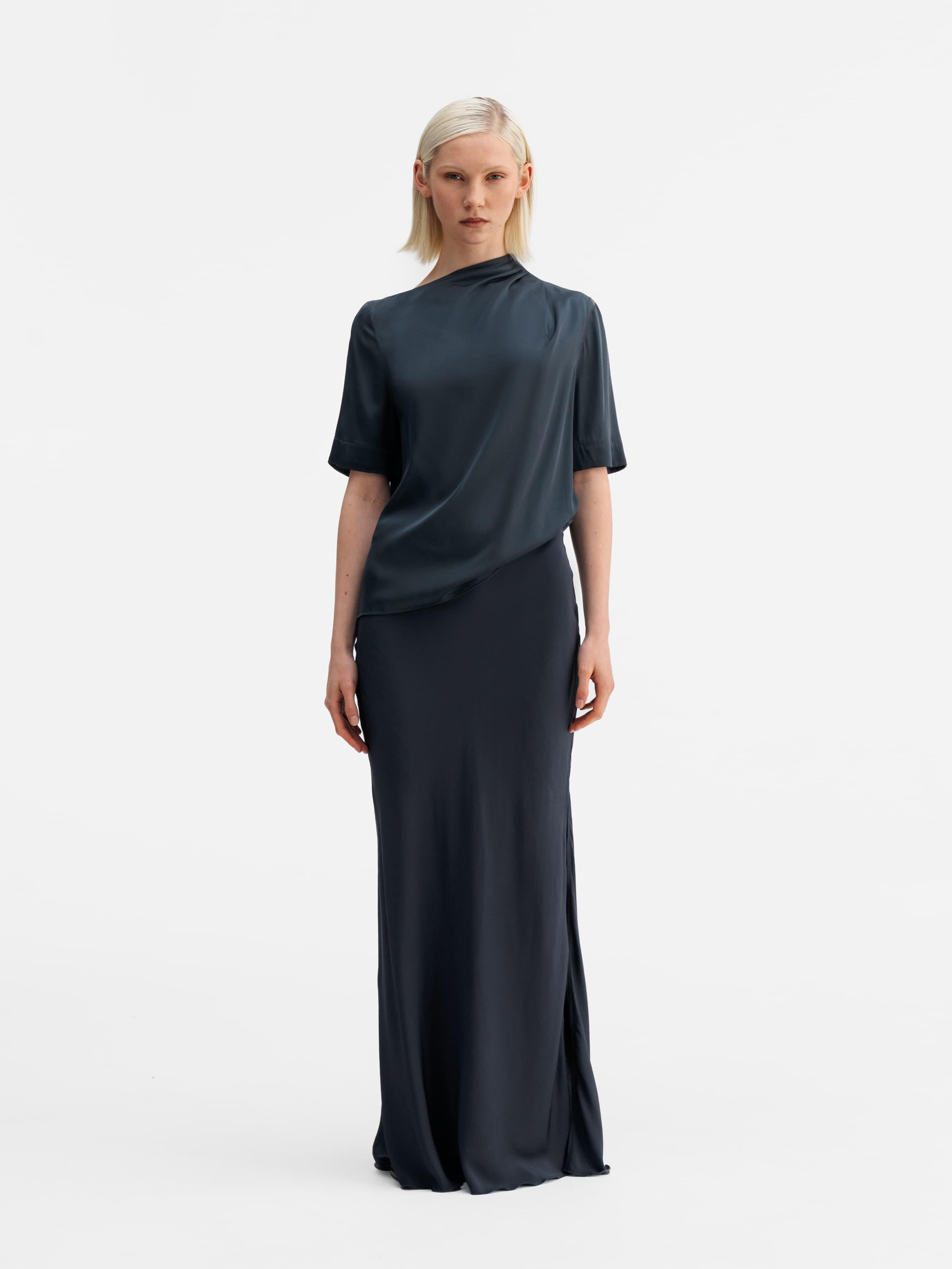 Hana long silk skirt blue grey