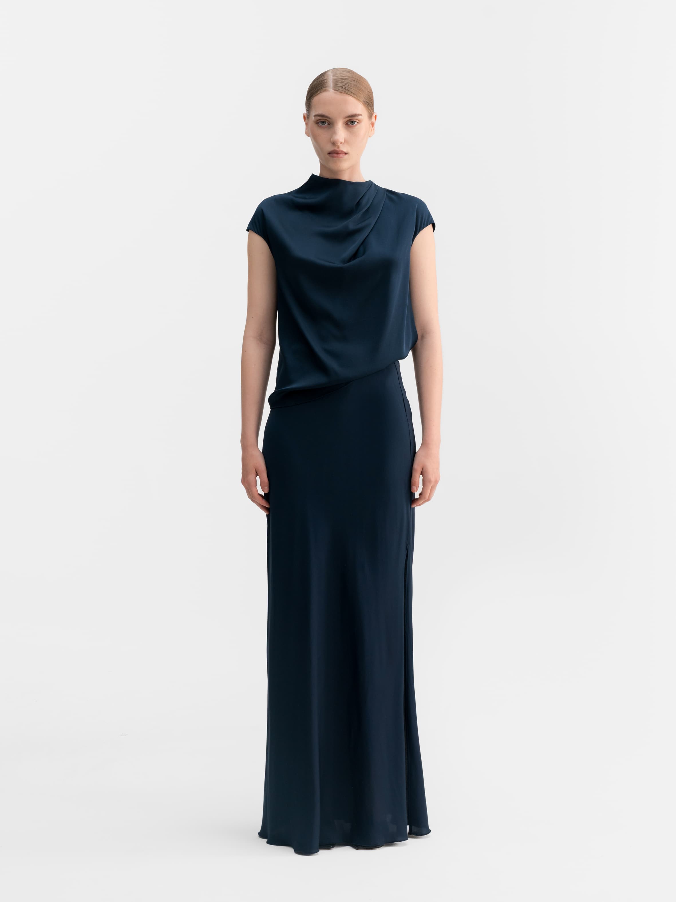 Hana long silk skirt midnight blue
