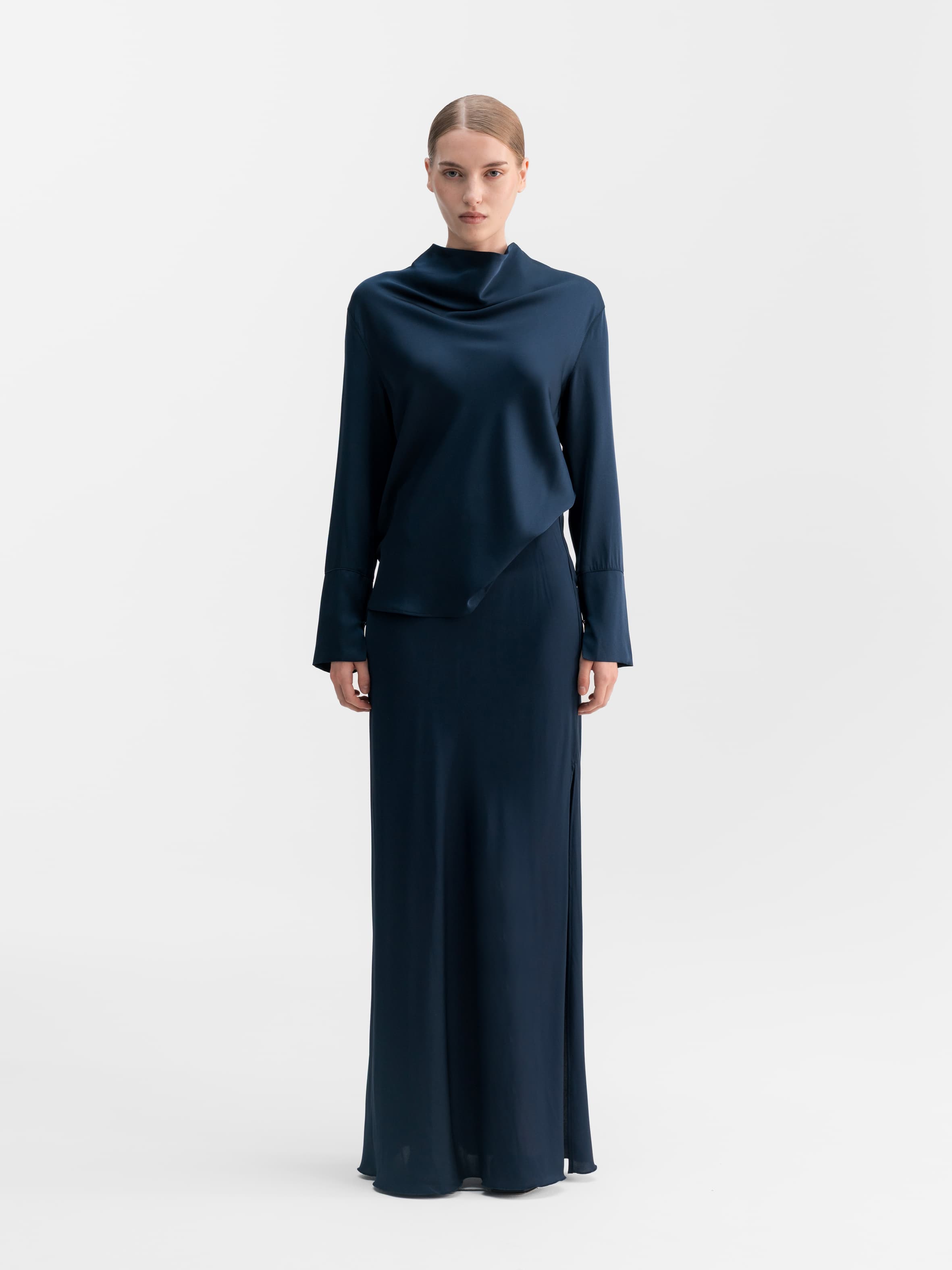 Hana long silk skirt midnight blue