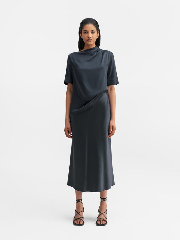 Hana satin silk skirt blue grey